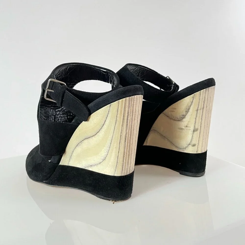 Runway | Miu Miu Suede Sandal Wedge | Black & Marblized Wood | T Strap Platform